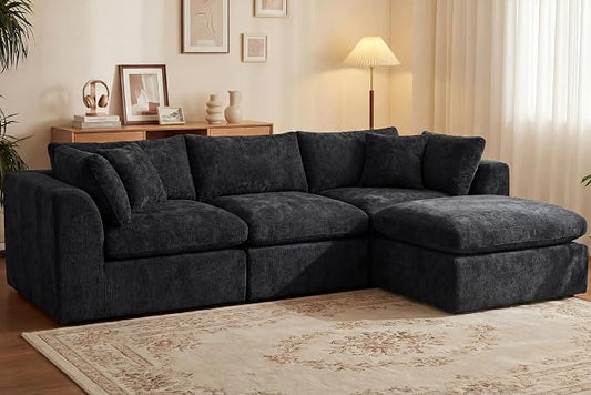 GRUSIGN 110'' Oversized Boneless Cloud Couch for Living Room, Modern Big Sectional Compressed L Shape Couch with Ottoman, Comfy Chenille Deep Seat Memory Foam Spineless 4 Seater Sofa, Black