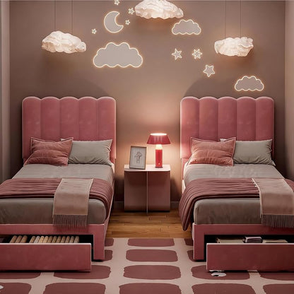 GarveeHome Twin Bed Frame with Under-Bed Drawer, Upholstered Platform Bed with Wave Headboard for Kids/Girls, Wooden Slats Support, No Box Spring Needed, Velvet Pink, 2 Sets