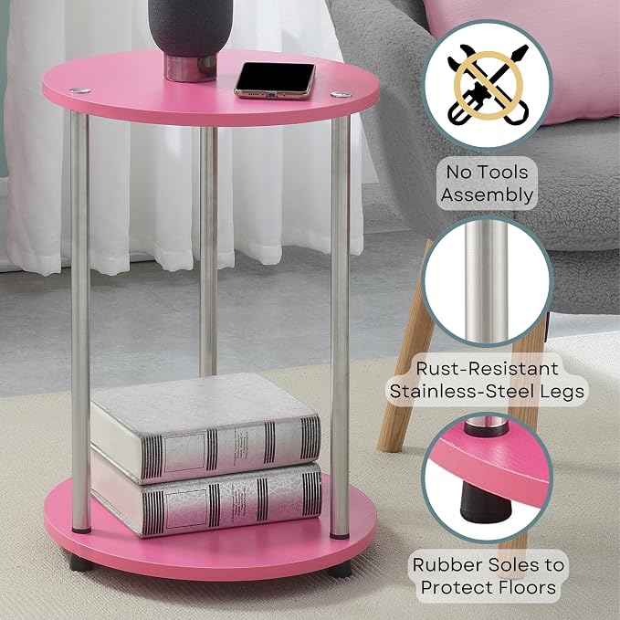 Convenience Concepts Designs2Go No Tools 2 Tier Round End Table 15.75" - Contemporary Modern Side Table with Storage Shelf for Family Room, Office, Den, Pink