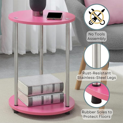Convenience Concepts Designs2Go No Tools 2 Tier Round End Table 15.75" - Contemporary Modern Side Table with Storage Shelf for Family Room, Office, Den, Pink