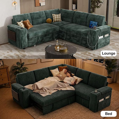 Vipbear 86" Modular Sectional Sleeper Sofa with Pull Out Bed, 5 Seat Plush Corduroy L Shaped Couch with Storage Seat|USB Ports|Cup Holders|Side Table|Storage Armrests, Tool Free Assembly, Green