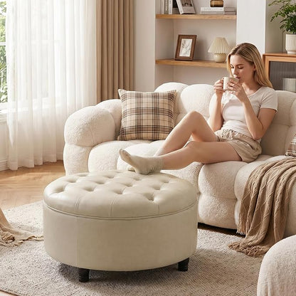 30-Inch Round Storage Ottoman, Button Tufted Ottoman Coffee Table with Removable Top for Living Room, Bedroom, Office (Beige)