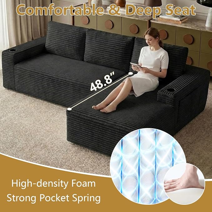104" Cloud Sectional Couch L-Shaped with Side Pockets Cup Holders, Corduroy Boneless Couch for Living Room,Upholstered Deep-Seat Modular Sectional Sofa,No Assembly Required (Black,Right Facing Chaise)