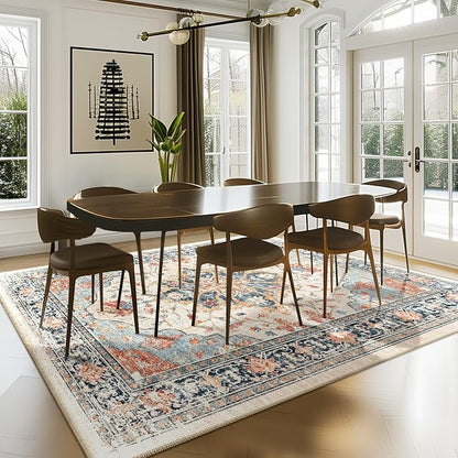 RELEANY Area Rugs 7'x9' Washable Non-Slip, Floral Vintage Distress Medallion Carpet for Living Room Bedroom Dining Room, Beige Navy Blue Orange Colorful
