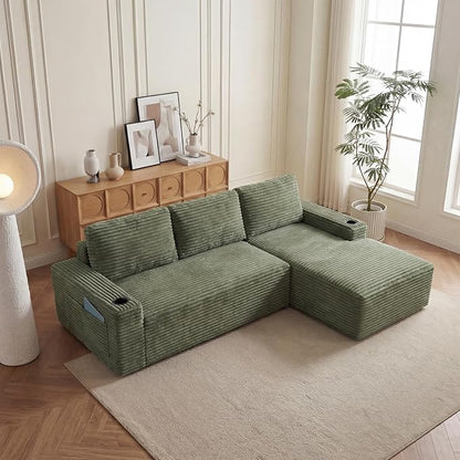 104" L Shaped Boneless Sectional Couches for Living Room, Comfy Corduroy Floor Cloud Sofa with Chaise and Cup Holder, Wide Armrest, Deep Seat, Assembly Free, Ideal for Small Spaces, Green