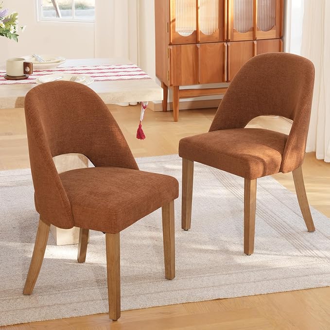 Wooden Dining Chairs Set of 2, Upholstered Modern Chenille Dining Room Chair Kitchen Chairs, Comfy Farmhouse Dinner Chair for Kitchen Dining Room, Orange