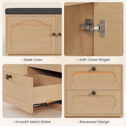 59" Storage Bench with Drawer, 2-Tier Shoe Bench with Doors, Long Entryway Bench, Thickened Cushion, Adjustable Shelf, Recessed Design for Entryway, Bedroom, Living Room, Natural