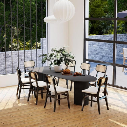 ROCITY Black Rattan Dining Chairs Set of 2 Lambswool Dining Room Chairs Natural Wooden Kitchen Chairs Farmhouse Boho Side Chairs