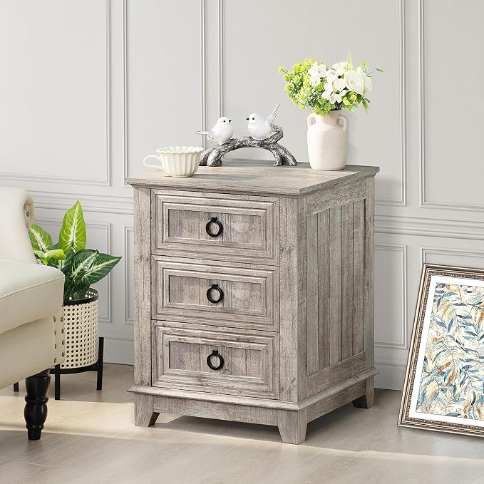 Joaxswe 18" Farmhouse Night Stand with 3 Drawers, Wood End Table Dresser for Bedroom, Retro Oak Nightstand, Bed Side Table with Metal Handle, Bedside Cabinet for Bedroom Living Room, Closet