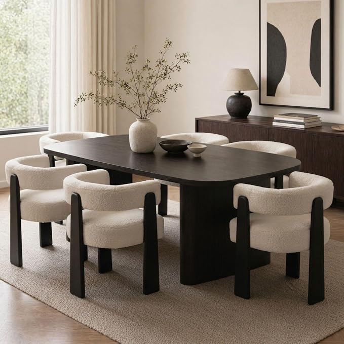 Hyfirm Modern Boho Dining Chairs Set of 6, White Boucle Upholstered Barrel Armchairs with Plush Teddy Fabric, Solid Black Wooden Legs, Mid-Century Accent Chairs for Dining Room, Living Room, Kitchen