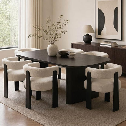Hyfirm Modern Boho Dining Chairs Set of 6, White Boucle Upholstered Barrel Armchairs with Plush Teddy Fabric, Solid Black Wooden Legs, Mid-Century Accent Chairs for Dining Room, Living Room, Kitchen