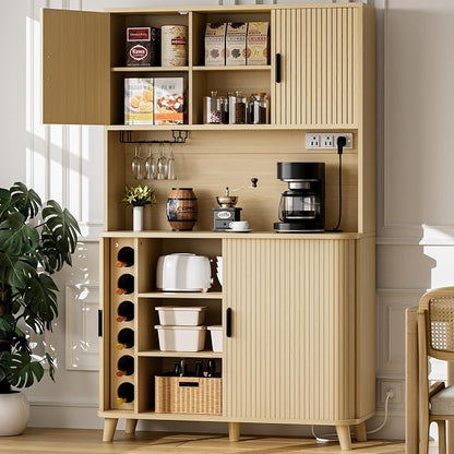 Lulive 71" Tall Pantry Cabinet with Rolling & Sliding Doors, 39" Wide Kitchen Storage Cabinet with Charging Station and Open Countertop, Modern Kitchen Pantry Cabinet for Dining Room, Natrual
