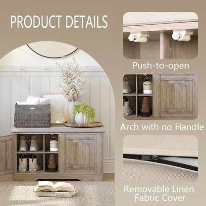 DINZI LVJ Shoe Bench, Entryway Storage Bench with Doors, Cushion, 2-Tier Shoe Rack with 6-Cubby, 31.5”L x 13.8”W Shoe Organizer Cabinet, Adjustable Shelf, Living Room, Bedroom, Greige