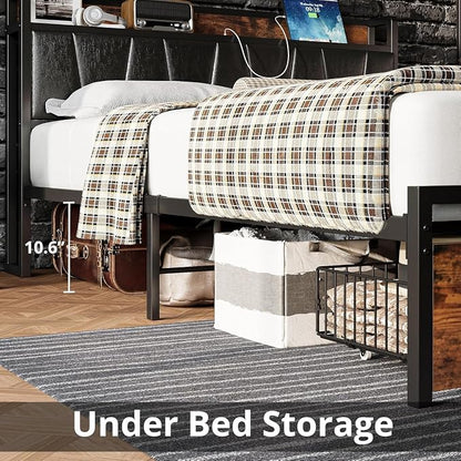 LIKIMIO Full Size Bed Frame with 2 Drawers and Charging Station | Platform Bed with Upholstered Storage Headboard, No Box Spring Needed, Easy Assembly, Sturdy, Industrial Brown and Black