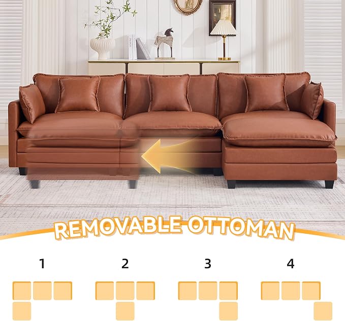 111'' Sectional Cloud Deep Seat Couch, Modern Comfy Leather L Shaped Sectional Sofa for Living Room Set, Upholstered Modular 4-Seats Sofa Couch with 1 Movable Ottoman, Leather Brown