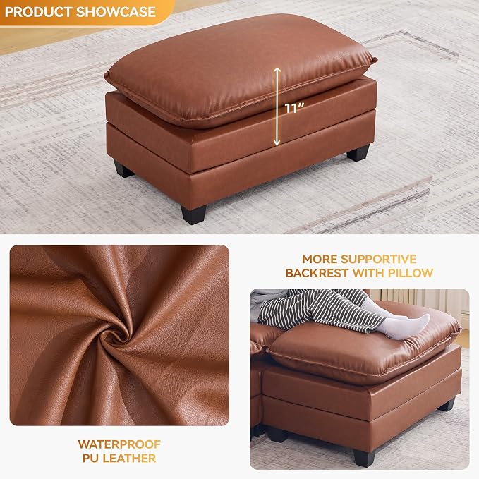 WUTUTUEE 35'' Modern Leather Cloud Sofa Ottoman,Rectangle Ottoman for Modular Sectional Sofa, Leather Brown