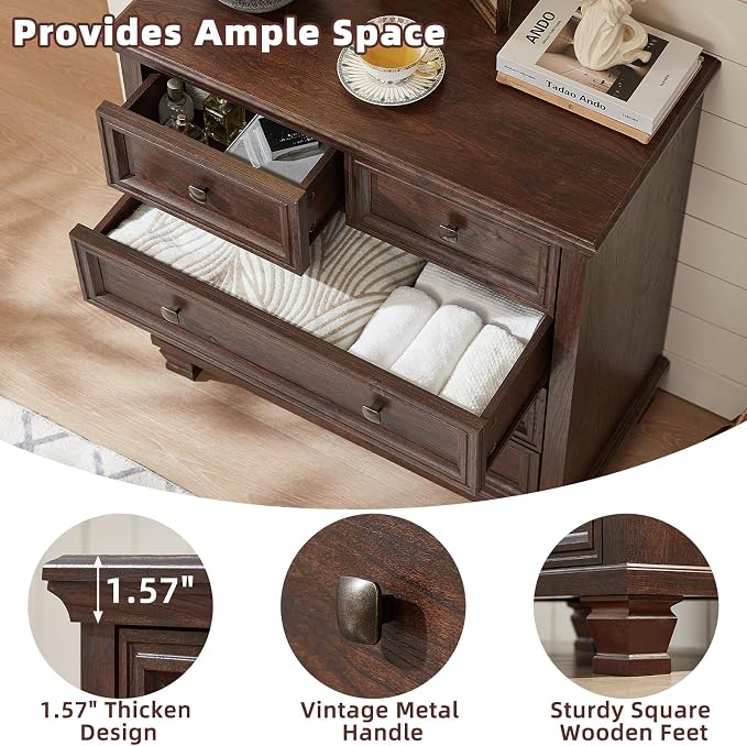 SAVOR LIFE Farmhouse Dresser and Nightstand Sets of 3, 5 Drawer Dresser & 2 Drawer Nightstand, Rustic Brown Bedroom Furniture Set for Home, Bedroom, Hallway, Walnut