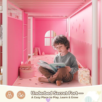 Low Loft Bed Twin Size with 7 Storage Drawers, Desk and LED Lights, Heavy Duty Metal Kids Loft Bed with 13.8" H Safety Guardrail, Anti-Collision Pad, Private Play Curtain, Under-Bed Play Space - Pink