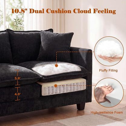 50'' L-Shape Loveseat Sofa with 22" Ottoman, 2 Seat Modern Cloud Couch with 2 Washable Pillows for Small Space Apartment Office Living Room Bedroom, Black