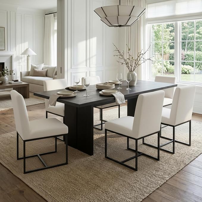 CIMOTA Modern Linen Dining Chair Set of 2, Mid Century Dining Room Chairs Fabric Upholstered Armless Side Chair with Black Sled Base for Dining Room, White Cream 2PCS
