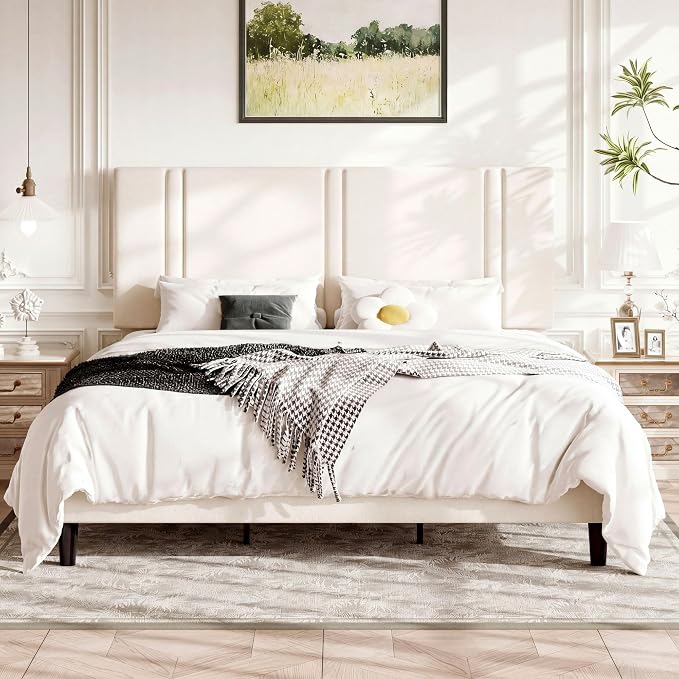 Allewie King Size Platform Bed Frame with Adjustable Headboard, Plush Velvet Upholstered, Vertical Channel Tufted, Sturdy Wooden Slats, No Box Spring Needed, Easy Assembly, White