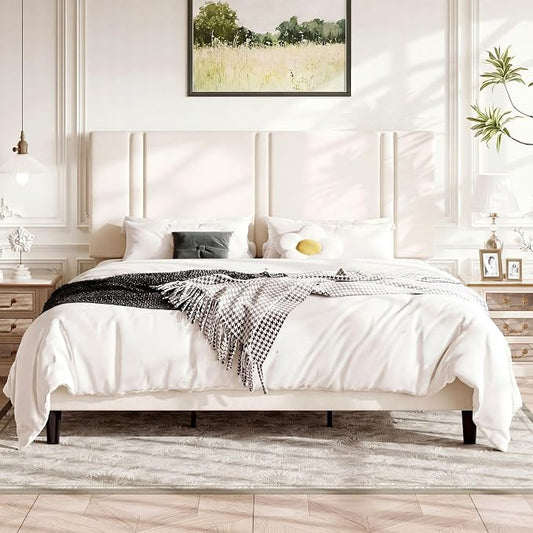 Allewie King Size Platform Bed Frame with Adjustable Headboard, Plush Velvet Upholstered, Vertical Channel Tufted, Sturdy Wooden Slats, No Box Spring Needed, Easy Assembly, White