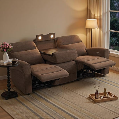 MCombo 87.8" Wall Hugger Power Reclining Sofa with Drop Down Table, 3-Seater Recliner Couch for Small Spaces Living Room RV, USB Ports, Fabric PR635M3 (Dark Brown)
