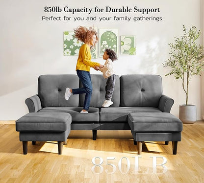 Kidirect Small Sectional Couch, 83" U Shaped Couch, Comfy Velvet Couches for Living Room, Tool-Free Setup Modular Sectional Sofa, 850lbs Load Sofas for Living Room with 2 Movable Ottomans, Grey Couch