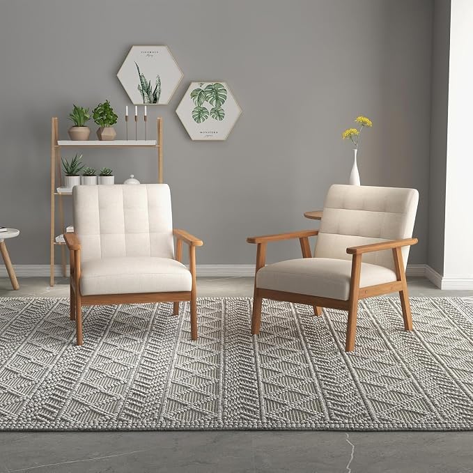 Westice Accent Chair 1PC, Mid-Century Modern Living Room Chairs with Solid Wood Frame & Soft Thicken Cushion, Upholstered Reading Arm Chair for Bedroom, Balcony, Beige Linen Fabric & Natural Legs