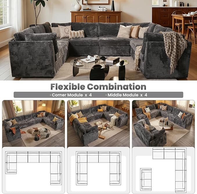 ovios Modular Sectional Sofa Couch with U-Shape Chaise Oversized, Comfy Plush Corduroy Cloud Couches, Modern Luxury Deep Seat Sofas Set for Living Room, 8-Seater, Grey