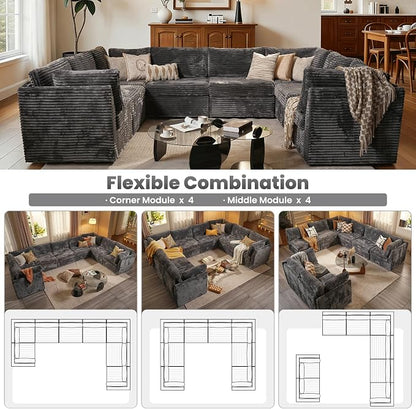 ovios Modular Sectional Sofa Couch with U-Shape Chaise Oversized, Comfy Plush Corduroy Cloud Couches, Modern Luxury Deep Seat Sofas Set for Living Room, 8-Seater, Grey