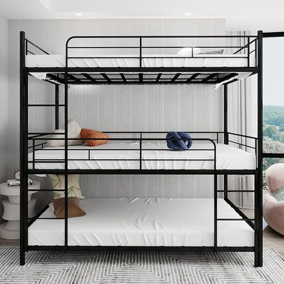 Triple Bunk Bed, Twin Over Twin Heavy Duty Metal 3 Bunk Beds with Safety Guardrails and Dual Ladders, Metal Bunk Bed for 3, Convertible to 3 Beds for Teens & Adults, Black | triple bunk beds