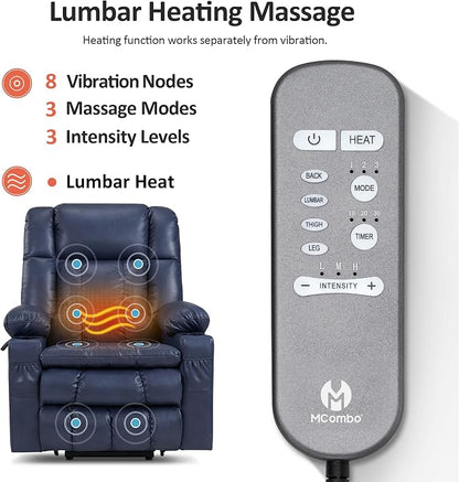 MCombo Large Dual Motor Power Lift Recliner Chair for Elderly, Zero Gravity Lift Chair with Heat and Massage, Infinite Position Lay Flat Recliner, USB Ports, Faux Leather 7896 (Blue, Large)