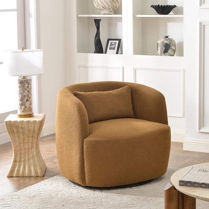 KINWELL 34" Wide Boucle Swivel Barrel Chair, No Assembly Round Upholstered Armchair Accent Chair Single Sofa Chair with Toss Pillow for Living Room and Bedroom, Brown