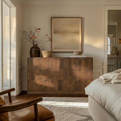 Walnut 7 Drawer Dresser for Bedroom, 55" Wide Fluted Chest of Drawers with Gold Metal Handles, Modern Wood Dresser Closet Storage Organizer Mid Century TV Stand for Living Room Hallway