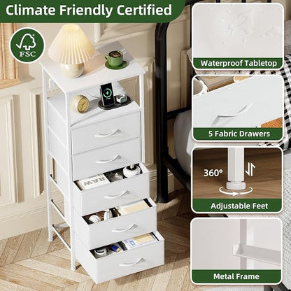 Somdot White Nightstand with Charging Station and LED Light for Bedroom, Tall 5 Drawers Dresser with Fabric Bins for Bedside Kids Dorm Room Closet Laundry Entryway, White Leather