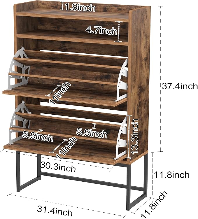 Shoe Cabinet Storage for Entryway, 3 Layers Shoe Cabinet with 2 Flip Drawers, Metal Legs Shoe Storage, Adjustable Shoe Rack Cabinet