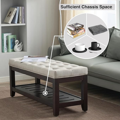 adochr Linen Large Rectangular Ottoman with Storage, Upholstered Entryway Bench for Living Room, Oversized Button Tufted Ottoman with Wood Shelf Storage, Beige