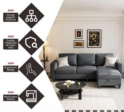 Youmumeub 78" Sectional Sofa Couches for Living Room, 3 Seat L Shaped Convertible Couch with Storage Ottoman, Comfortable Pet-Friendly Linen Sofa Set for Small Space, Apartment, Office, Dark Grey