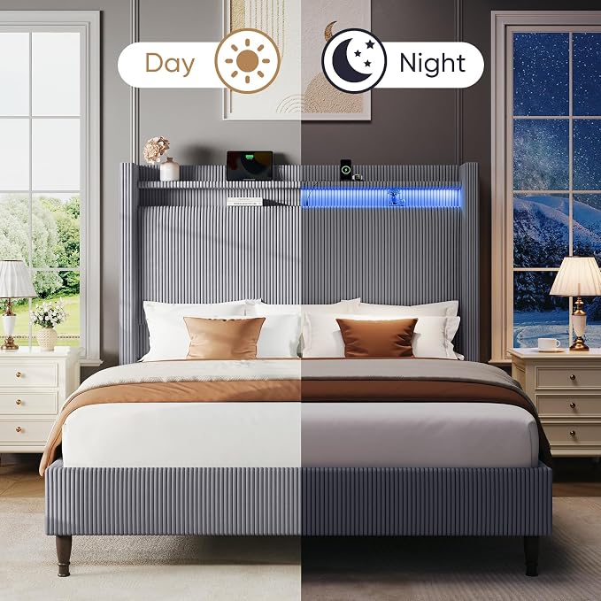 Queen Bed Frame with Tall Headboard, 55.3" Upholstered Platform Bed with LED Lights & Charging Station, Elegant Corduroy Bedframe, 2-tier Storage Wingback Headboard, No Box Spring Needed, Dark Grey