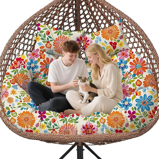 Double Egg Chair Cushion Replacement Waterproof for Outdoor Patio Hanging Basket Egg Chairs, 59x43-Inch Thickened 100% Cotton Large Double Eggs Swing Chair Cushions, Colored Daisy
