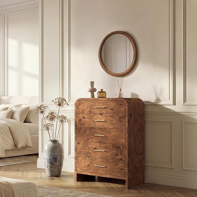 Curved 5-Drawer Dresser for Bedroom, 45.59" Tall Modern Chest of Drawers, Wooden Chest of Drawers for Living Room, Closet Storage Organizer Furniture, Nursery, Hallway, Dark Burl