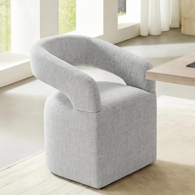 KISLOT Upholstered Dining Chairs Set of 1, Modern Arm Kitchen & Dining Room Chairs with Hidden Casters, Linen Fabric Padded Rolling Chairs, Sturdy Wood Frame, 300 lbs Capacity, Light Grey