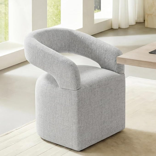 KISLOT Upholstered Dining Chairs Set of 1, Modern Arm Kitchen & Dining Room Chairs with Hidden Casters, Linen Fabric Padded Rolling Chairs, Sturdy Wood Frame, 300 lbs Capacity, Light Grey