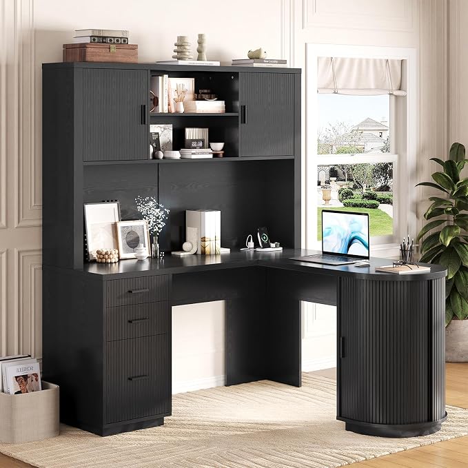 ONBRILL 70.87“H L Shaped Executive Desks with Hutch, Fluted Corner Desk with 3 Drawers & Charging Outlets, Mid-Century Wood Home Office Desk with Sliding Door for Work and Study,Black