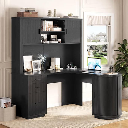 ONBRILL 70.87“H L Shaped Executive Desks with Hutch, Fluted Corner Desk with 3 Drawers & Charging Outlets, Mid-Century Wood Home Office Desk with Sliding Door for Work and Study,Black