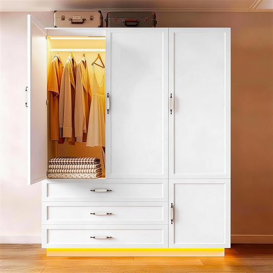 72" Armoire Wardrobe Closet with 3 Door Wooden Bedroom Armoire with LED Light 3 Drawers Large Modern Wardrobe Cabinet with Retro Ceramic Door Handles and Removable Hanging Rod White
