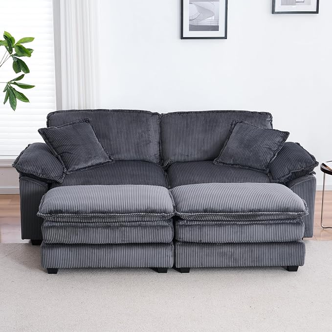 84.6” Corduroy Loveseat with Ottoman, Oversized Double Chaise Lounge Chair Indoor Deep Seat Two Seater Couch Cloud Couch Modular Sectional Sofa for Living Room(Corduroy Grey)