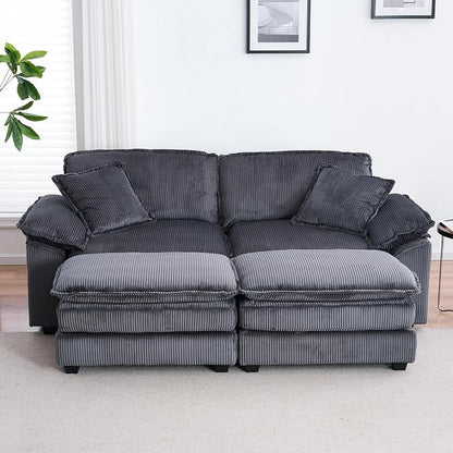 84.6” Corduroy Loveseat with Ottoman, Oversized Double Chaise Lounge Chair Indoor Deep Seat Two Seater Couch Cloud Couch Modular Sectional Sofa for Living Room(Corduroy Grey)