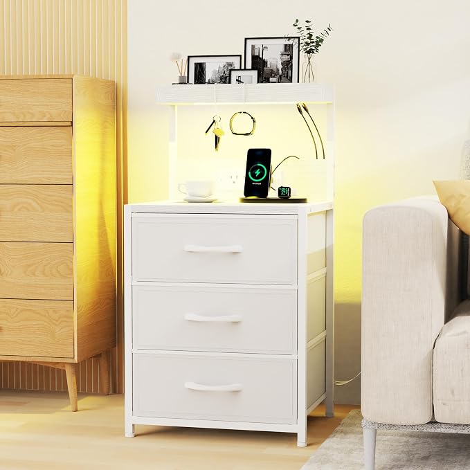 Night Stand with Charging Station Set of 2, LED Nightstand Bedside Table with USB Ports and Outlets, 3 Fabric Drawer End Side Table Night Stand Set 2 for Bedroom with Storage Shelf and 2 Hooks, White